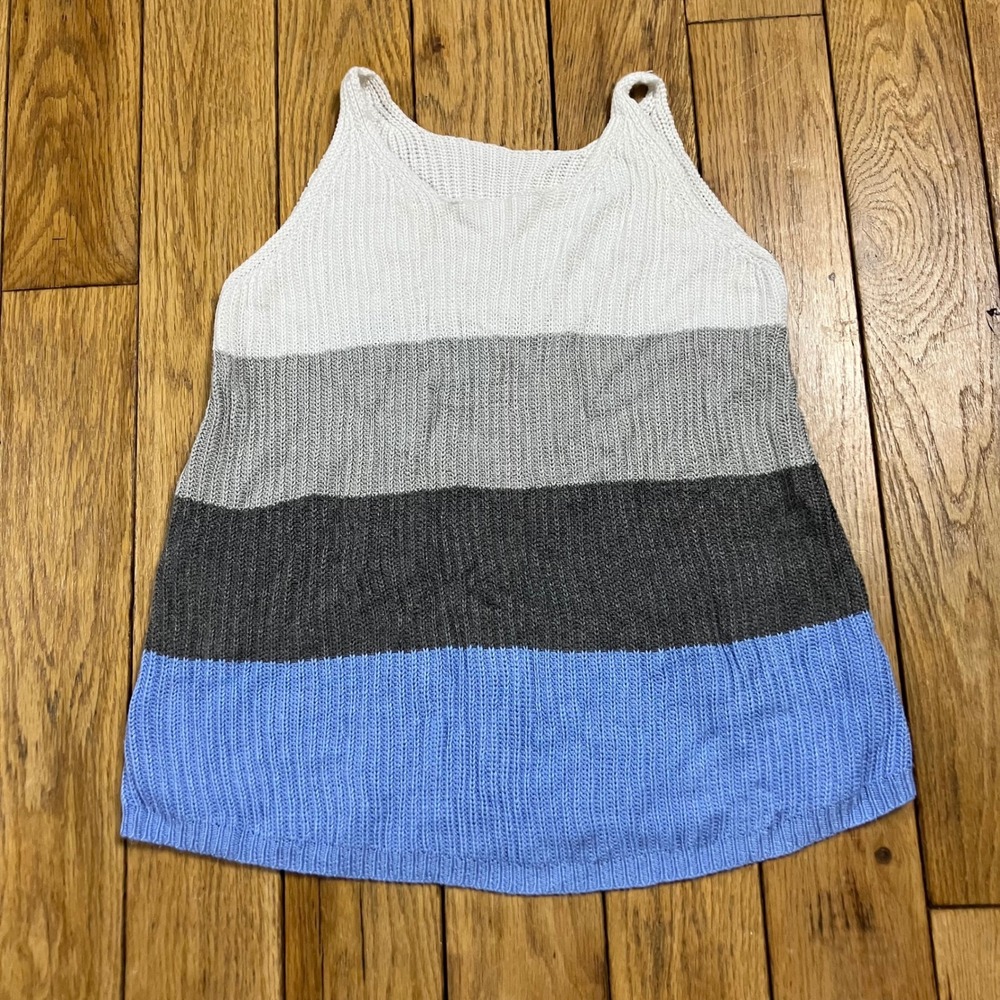 Colorblock Knit Tank Top White Grey Blue Striped Viscose Sleeveless